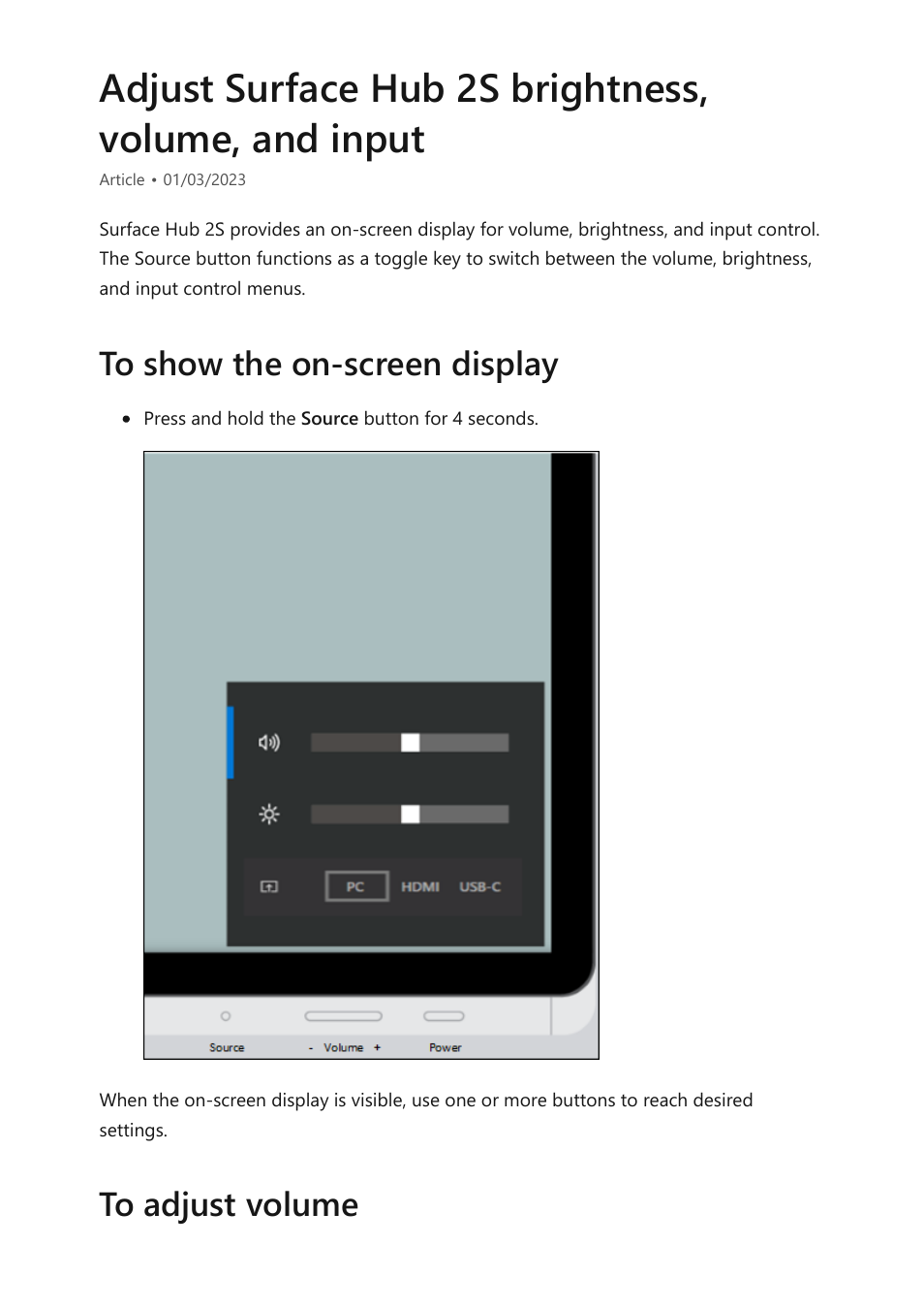 Adjust surface hub 2s brightness, volume, & input | Microsoft Surface Hub 2 SmCamera User Manual | Page 449 / 572