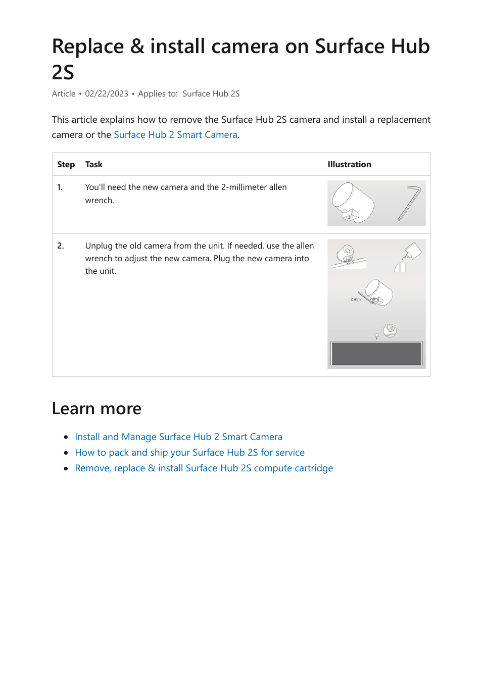 Replace & install camera, Replace & install camera on surface hub 2s, Learn more | Microsoft Surface Hub 2 SmCamera User Manual | Page 485 / 572