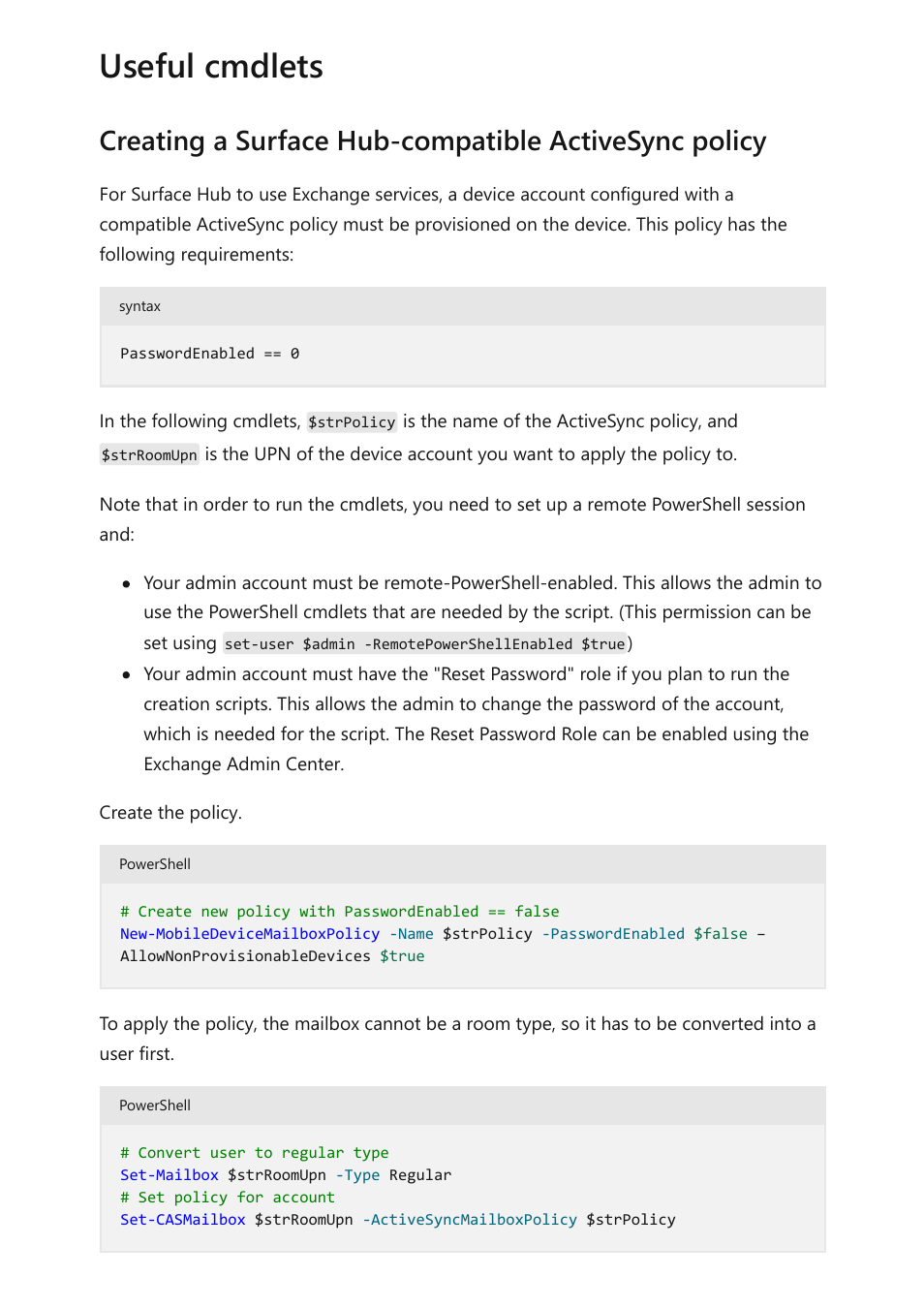 Creating a surface hub, Compatible microsoft exchange activesync policy, Useful cmdlets | Microsoft Surface Hub 2 SmCamera User Manual | Page 545 / 572