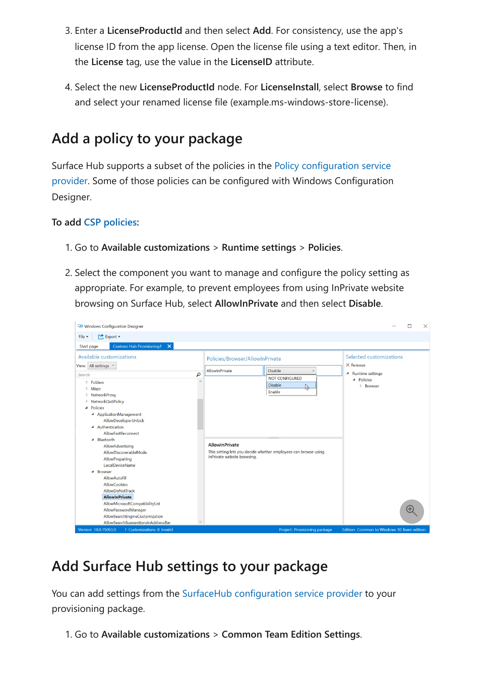 Add a policy to your package, Add surface hub settings to your package | Microsoft Surface Hub 2 SmCamera User Manual | Page 87 / 572