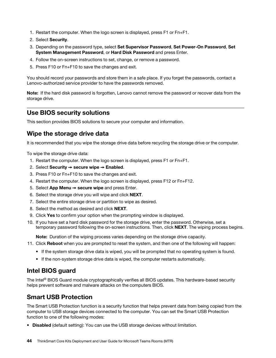 Use bios security solutions, Wipe the storage drive data, Intel bios guard | Smart usb protection | Lenovo ThinkSmCore and IP Controller Kit for Microsoft Teams Rooms User Manual | Page 50 / 106