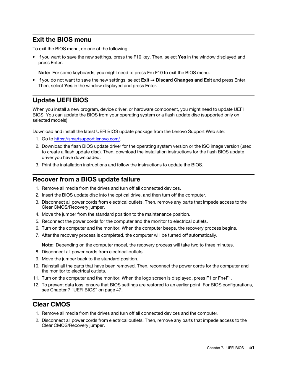 Exit the bios menu, Update uefi bios, Recover from a bios update failure | Clear cmos | Lenovo ThinkSmCore and IP Controller Kit for Microsoft Teams Rooms User Manual | Page 57 / 106