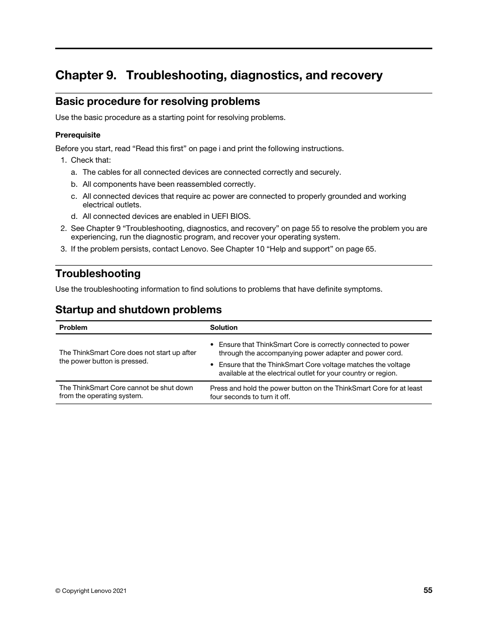 Basic procedure for resolving problems, Troubleshooting, Startup and shutdown problems | Lenovo ThinkSmCore and IP Controller Kit for Microsoft Teams Rooms User Manual | Page 61 / 106