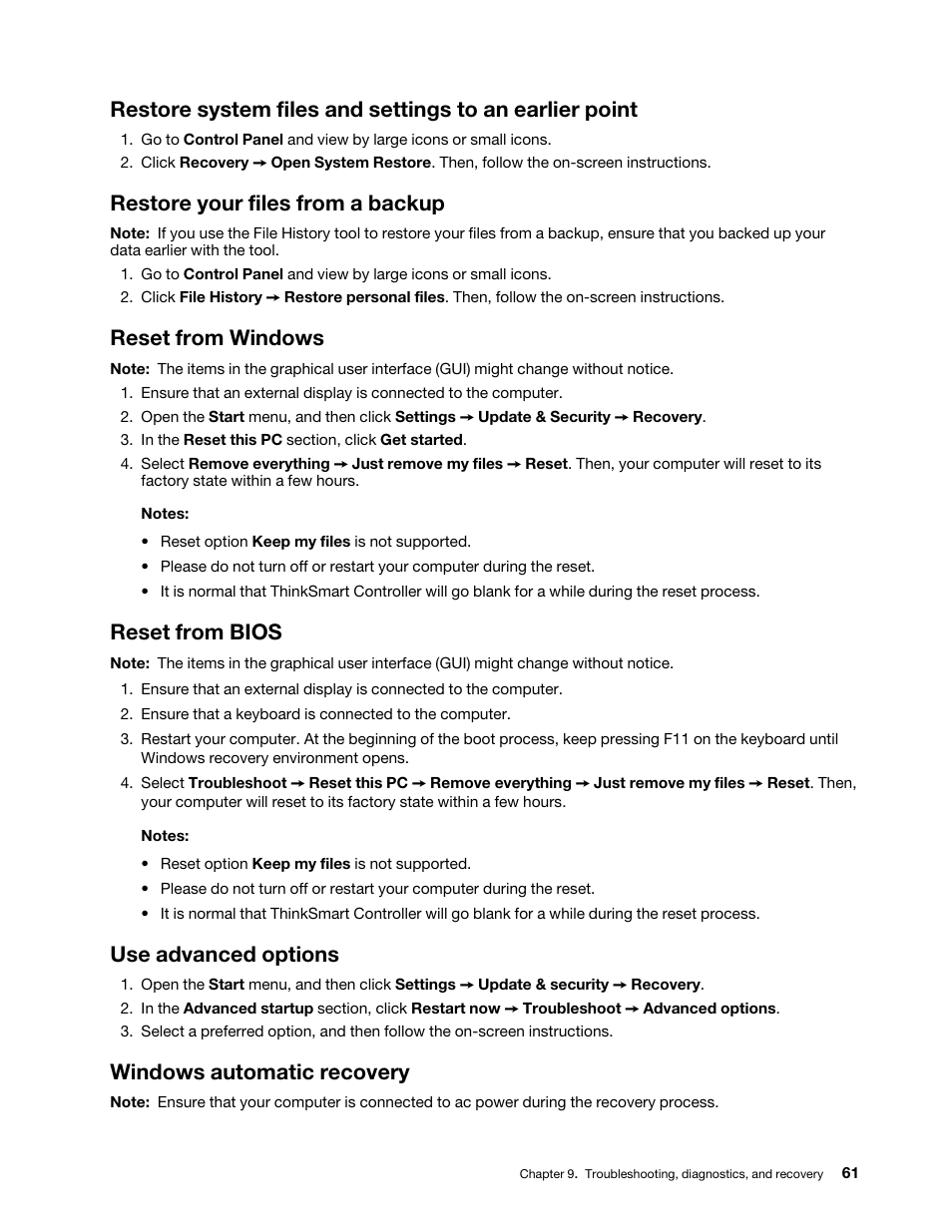 Restore your files from a backup, Reset from windows, Reset from bios | Use advanced options, Windows automatic recovery | Lenovo ThinkSmCore and IP Controller Kit for Microsoft Teams Rooms User Manual | Page 67 / 106