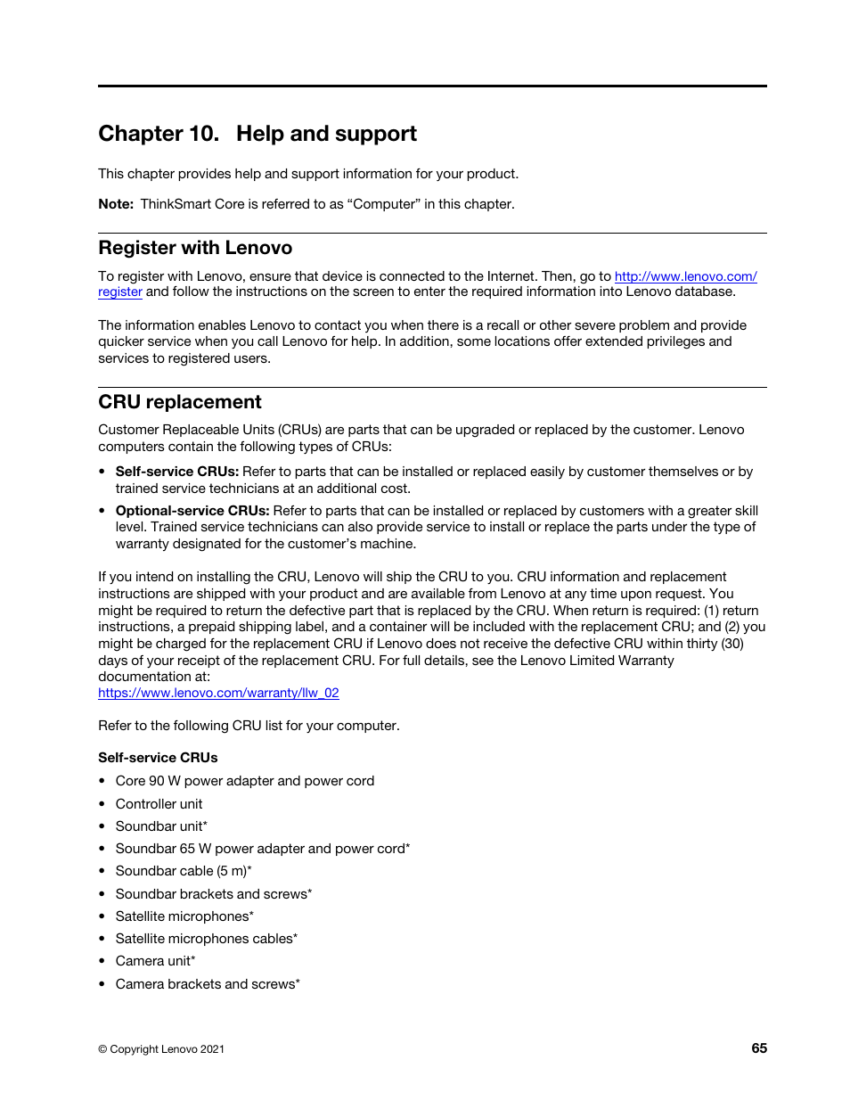 Chapter 10. help and support, Register with lenovo, Cru replacement | Lenovo ThinkSmCore and IP Controller Kit for Microsoft Teams Rooms User Manual | Page 71 / 106