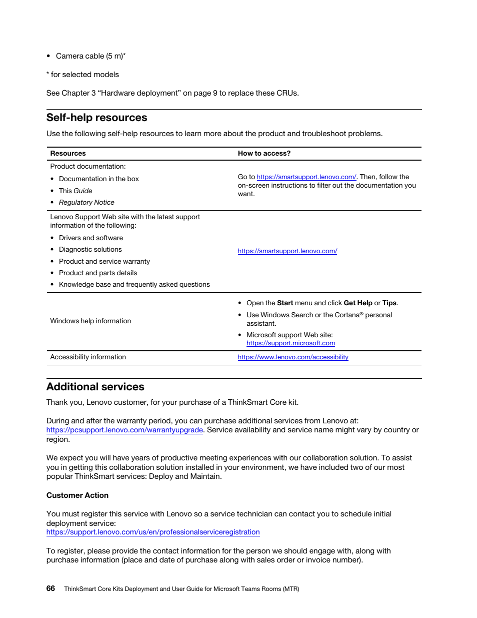 Self-help resources, Additional services | Lenovo ThinkSmCore and IP Controller Kit for Microsoft Teams Rooms User Manual | Page 72 / 106