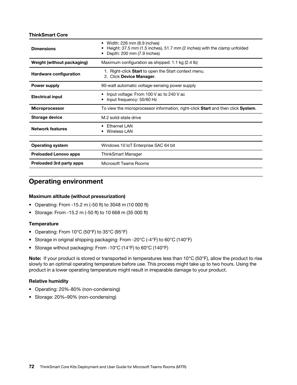 Operating environment | Lenovo ThinkSmCore and IP Controller Kit for Microsoft Teams Rooms User Manual | Page 78 / 106