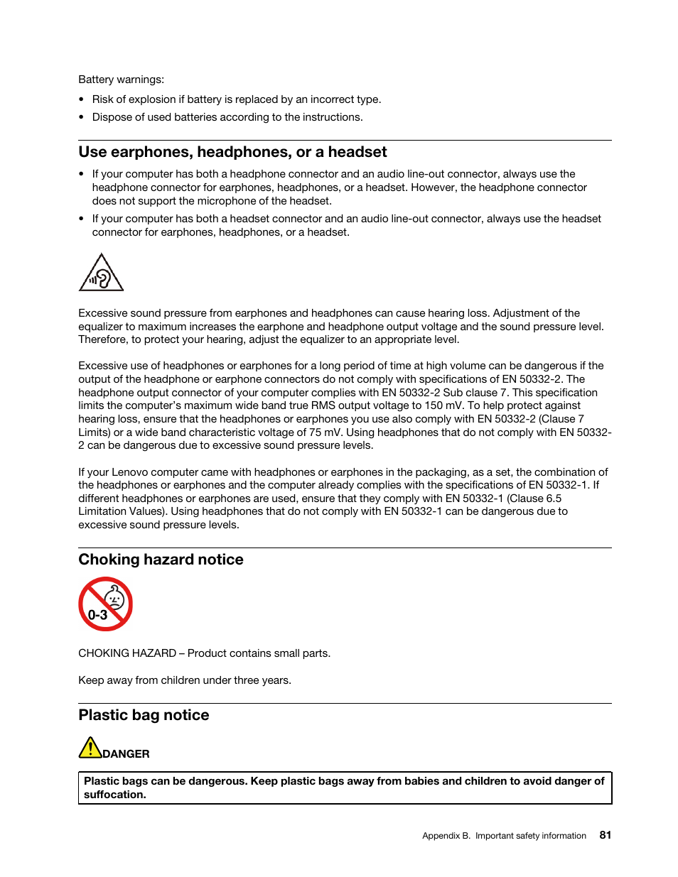 Use earphones, headphones, or a headset, Choking hazard notice, Plastic bag notice | Lenovo ThinkSmCore and IP Controller Kit for Microsoft Teams Rooms User Manual | Page 87 / 106