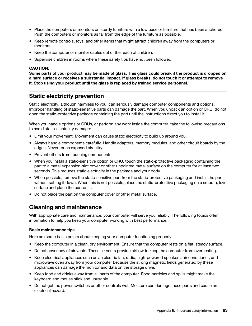 Static electricity prevention, Cleaning and maintenance | Lenovo ThinkSmCore and IP Controller Kit for Microsoft Teams Rooms User Manual | Page 89 / 106