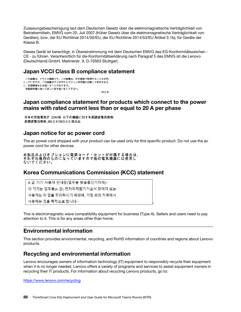 Korea communications commission (kcc) statement, Environmental information, Recycling and environmental information | Lenovo ThinkSmCore and IP Controller Kit for Microsoft Teams Rooms User Manual | Page 94 / 106