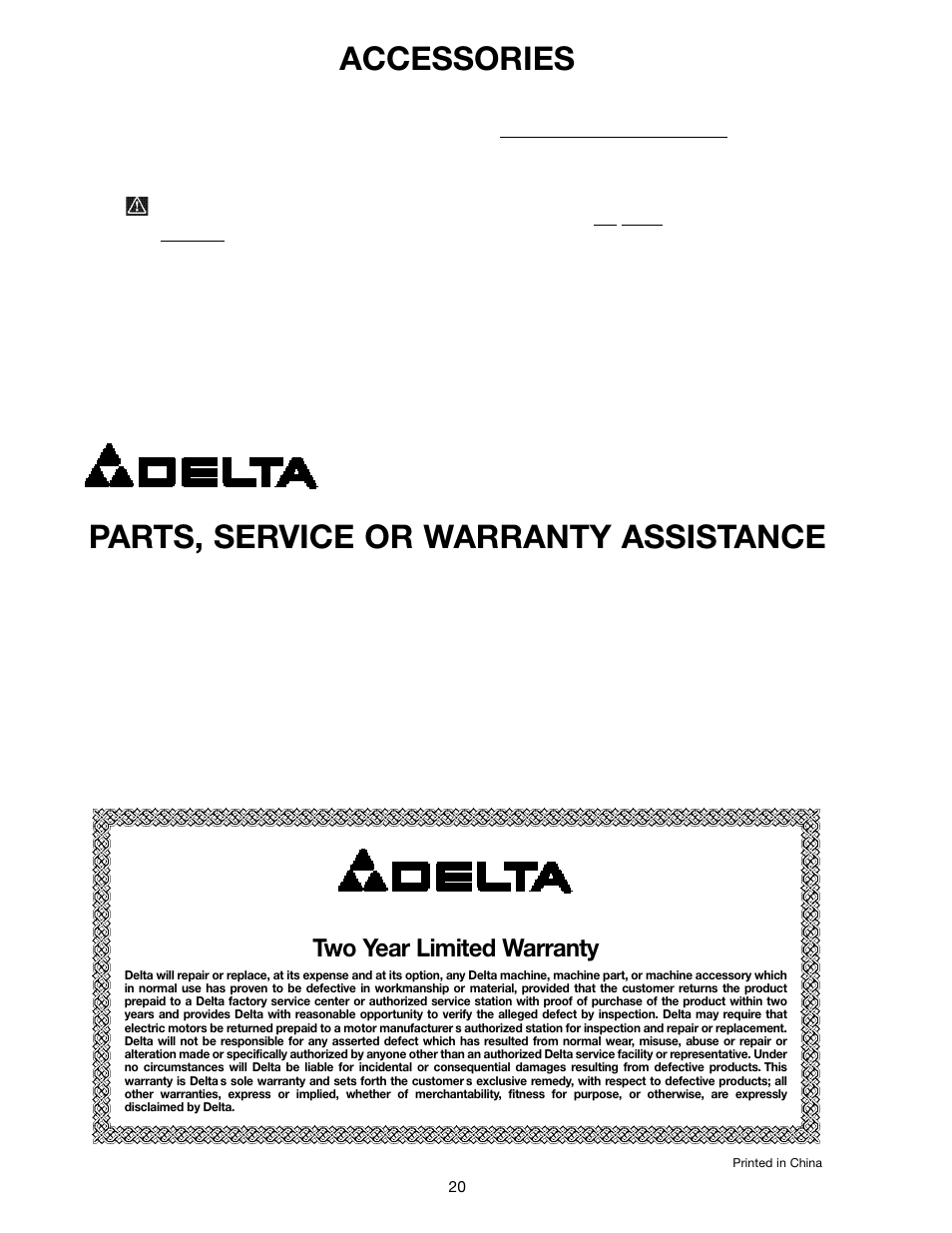 Parts, service or warranty assistance, Accessories, Two year limited warranty | Delta SM600 User Manual | Page 20 / 60