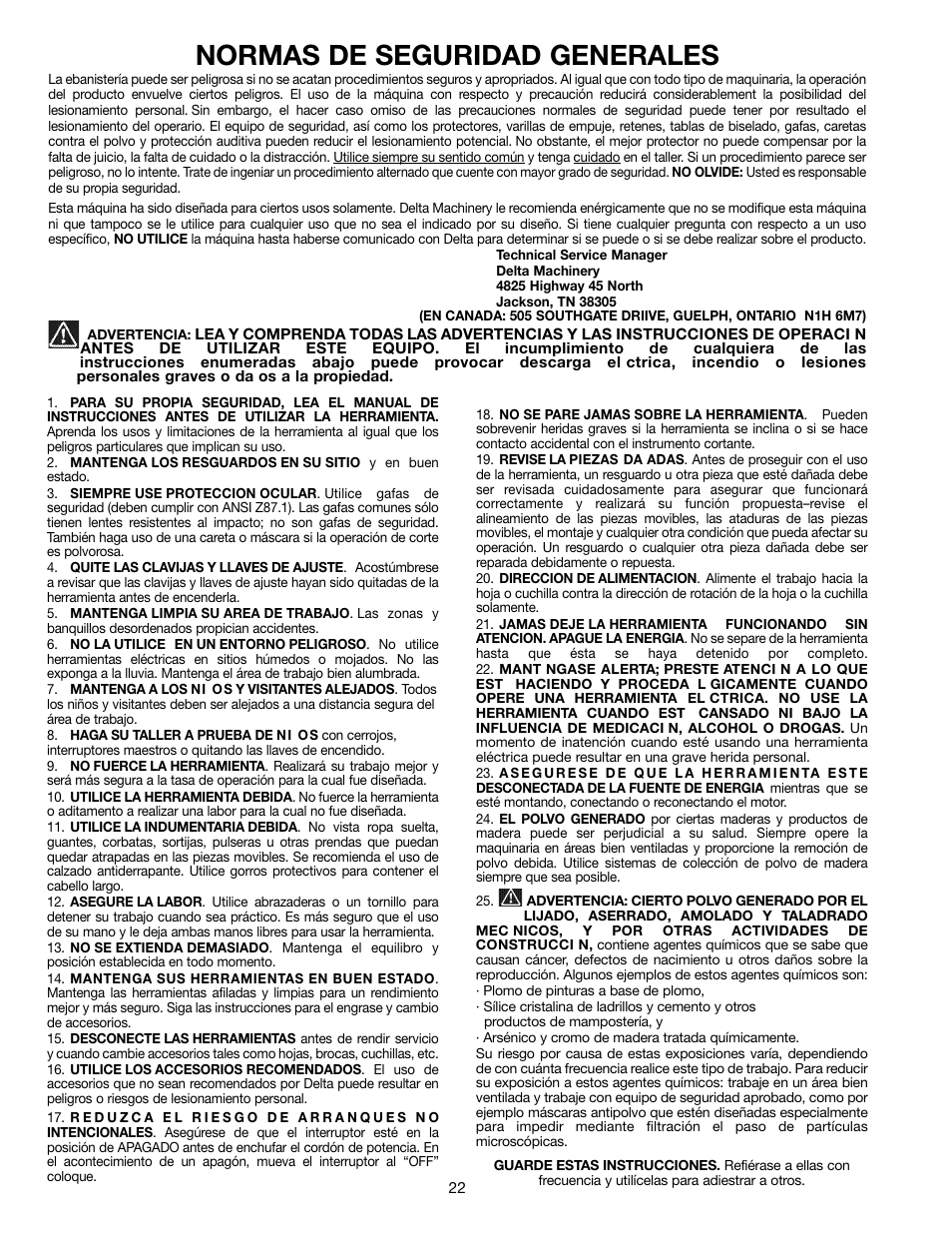 Normas de seguridad generales | Delta SM600 User Manual | Page 22 / 60