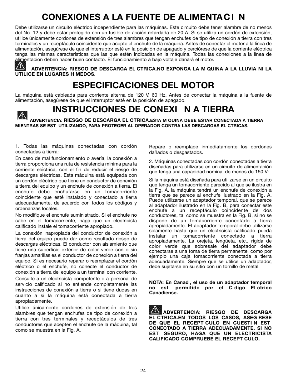 Conexiones a la fuente de alimenta c i n, Especificaciones del motor, Instrucciones de conexi n a tierra | Delta SM600 User Manual | Page 24 / 60