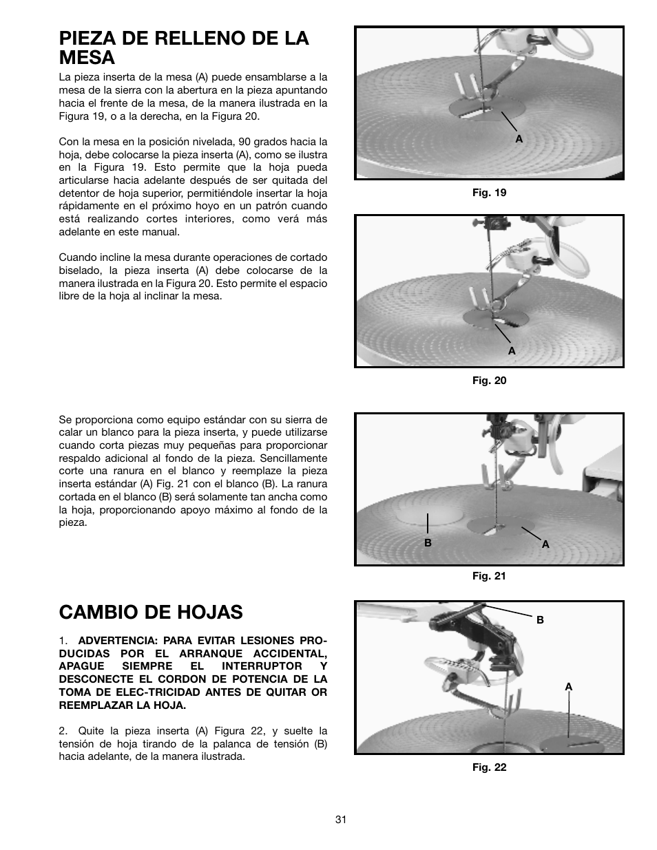 Pieza de relleno de la mesa, Cambio de hojas | Delta SM600 User Manual | Page 31 / 60