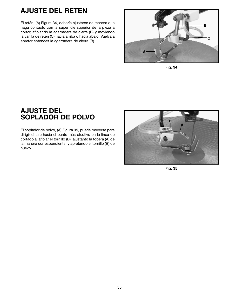 Ajuste del reten, Ajuste del soplador de polvo | Delta SM600 User Manual | Page 35 / 60