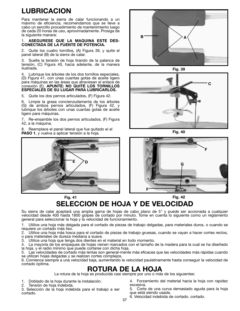 Lubricacion, Seleccion de hoja y de velocidad, Rotura de la hoja | Delta SM600 User Manual | Page 37 / 60