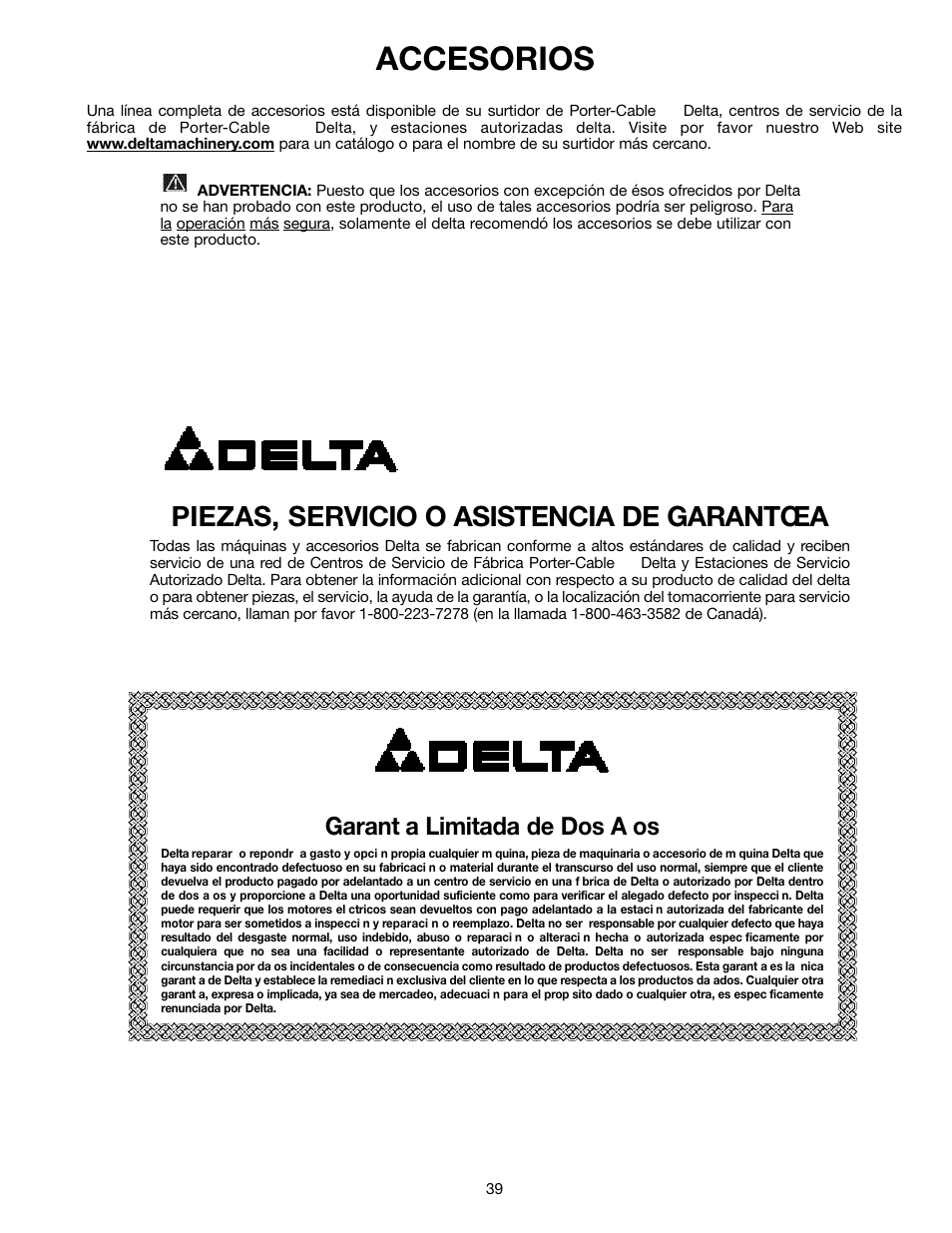 Accesorios, Piezas, servicio o asistencia de garantœa, Garant a limitada de dos a os | Delta SM600 User Manual | Page 39 / 60