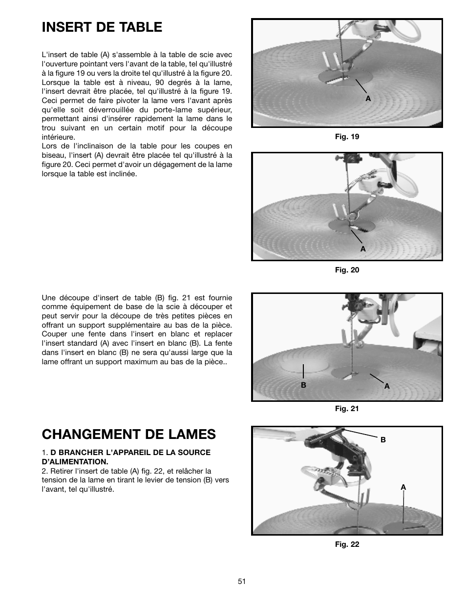 Insert de table, Changement de lames | Delta SM600 User Manual | Page 51 / 60