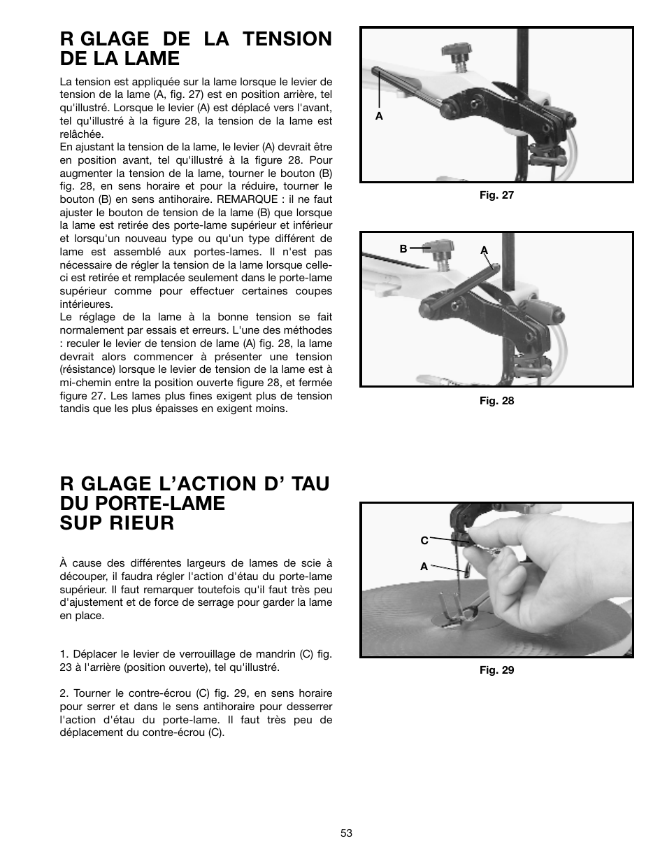 R glage de la tension de la lame, R glage l’action d’ tau du porte-lame sup rieur | Delta SM600 User Manual | Page 53 / 60