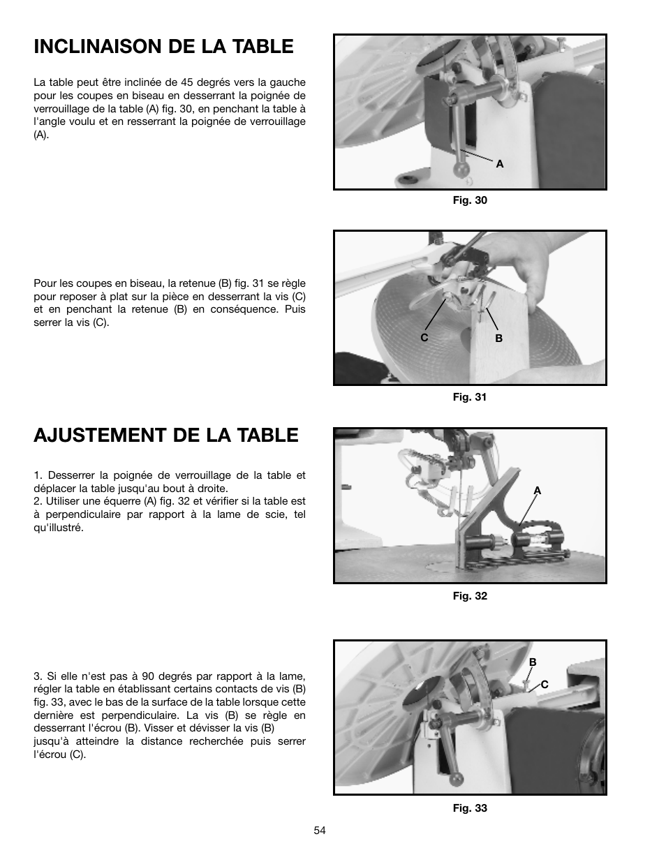 Inclinaison de la table, Ajustement de la table | Delta SM600 User Manual | Page 54 / 60