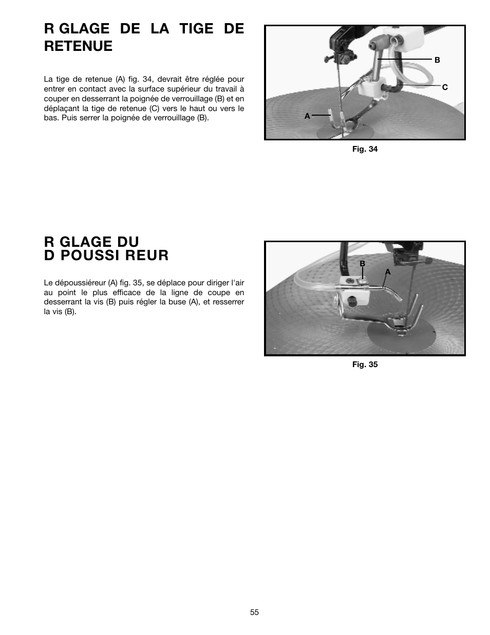 R glage de la tige de retenue, R glage du d poussi reur | Delta SM600 User Manual | Page 55 / 60