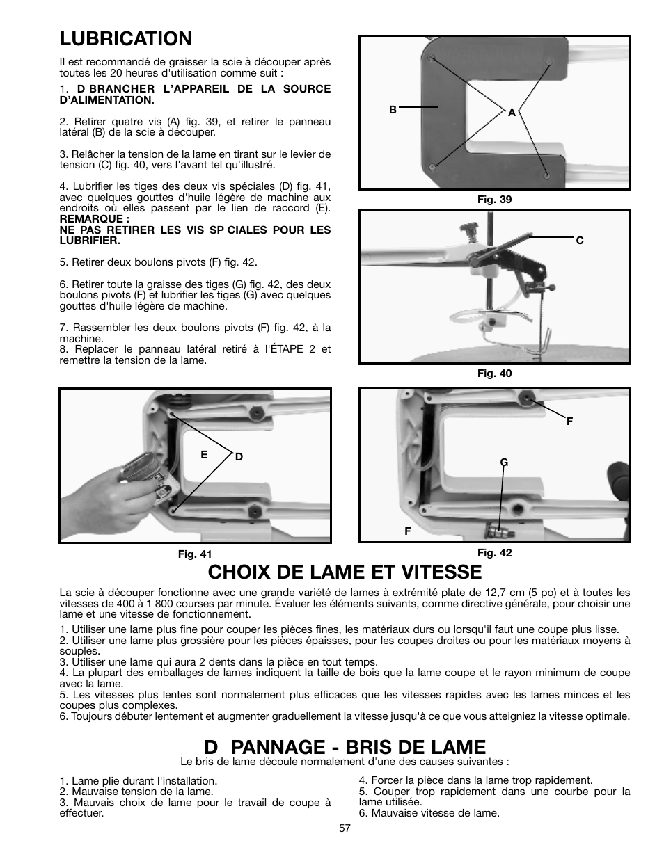 Lubrication, Choix de lame et vitesse, D pannage - bris de lame | Delta SM600 User Manual | Page 57 / 60