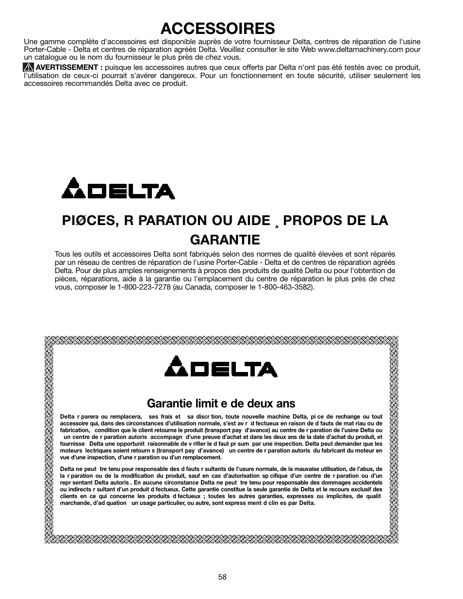 Accessoires, Piøces, r paration ou aide ¸ propos de la garantie, Garantie limit e de deux ans | Delta SM600 User Manual | Page 58 / 60
