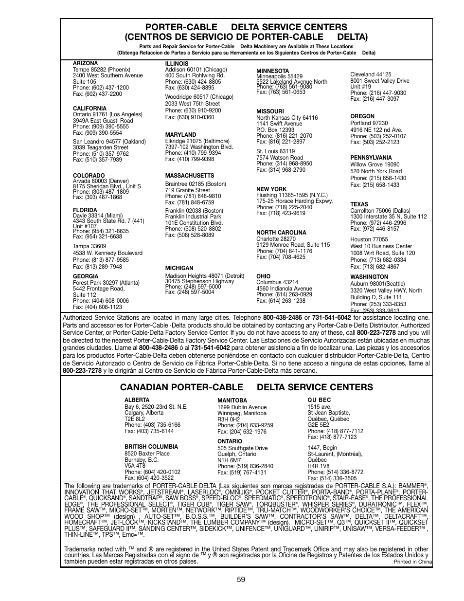 Porter-cable, Delta), Canadian porter-cable | Delta service centers | Delta SM600 User Manual | Page 59 / 60