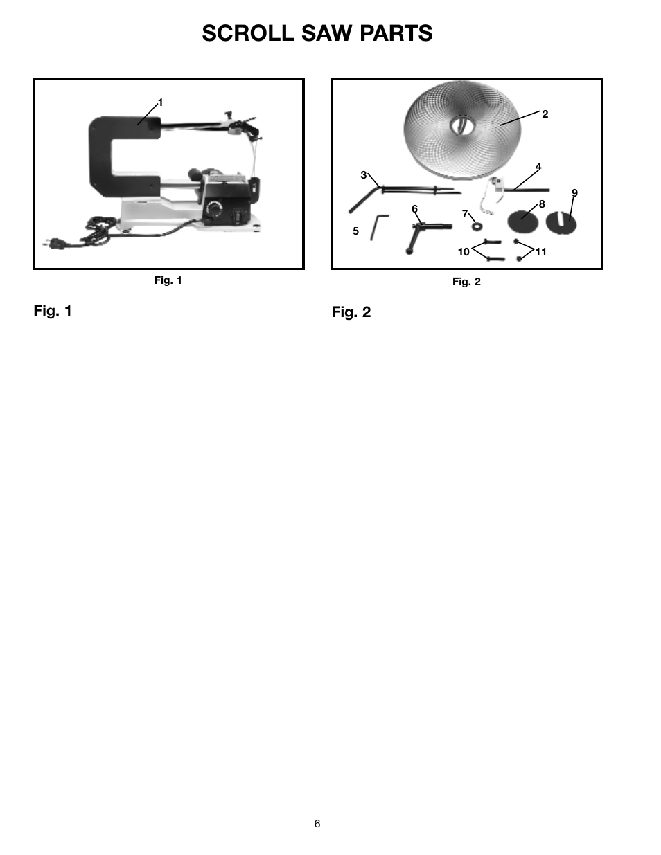 Scroll saw parts, Fig. 1, Fig. 2 | Delta SM600 User Manual | Page 6 / 60