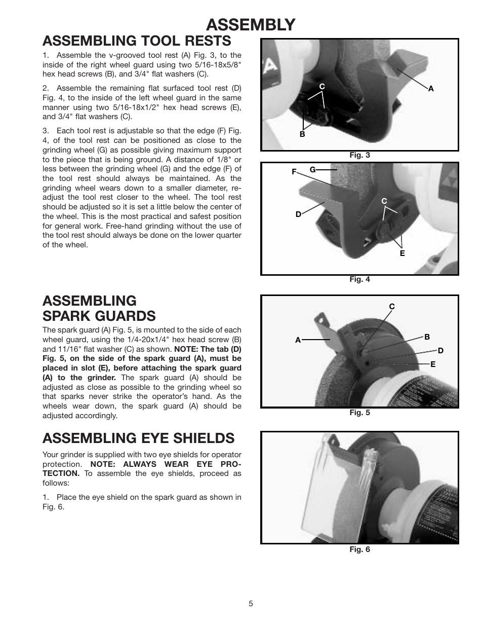 Assembly, Assembling tool rests, Assembling spark guards | Assembling eye shields | Delta 23-589 User Manual | Page 5 / 9