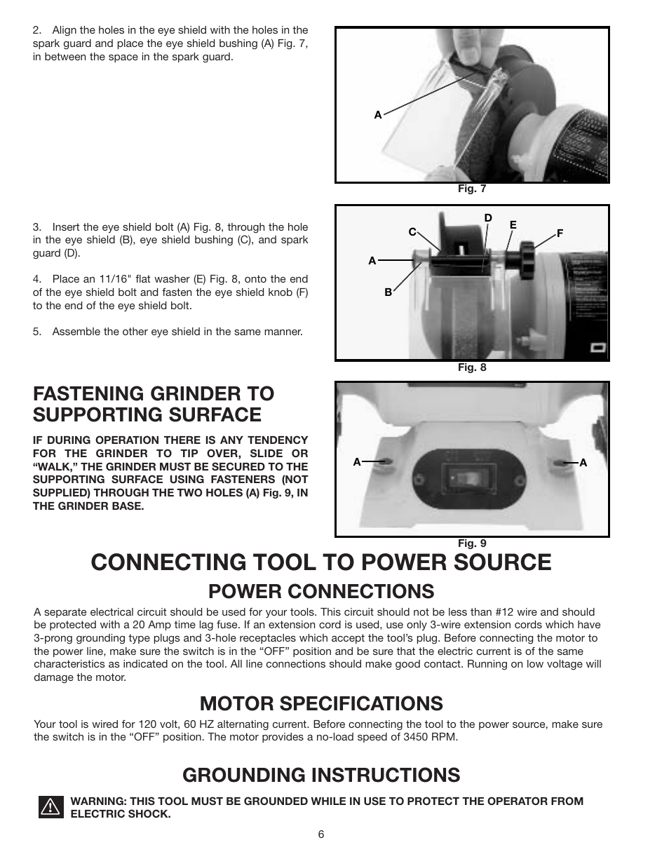 Connecting tool to power source, Fastening grinder to supporting surface, Power connections | Motor specifications, Grounding instructions | Delta 23-589 User Manual | Page 6 / 9