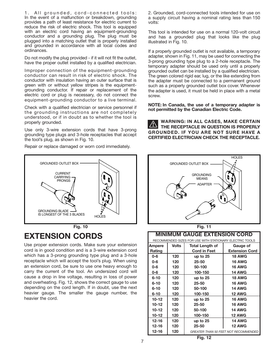 Extension cords, Minimum gauge extension cord | Delta 23-589 User Manual | Page 7 / 9