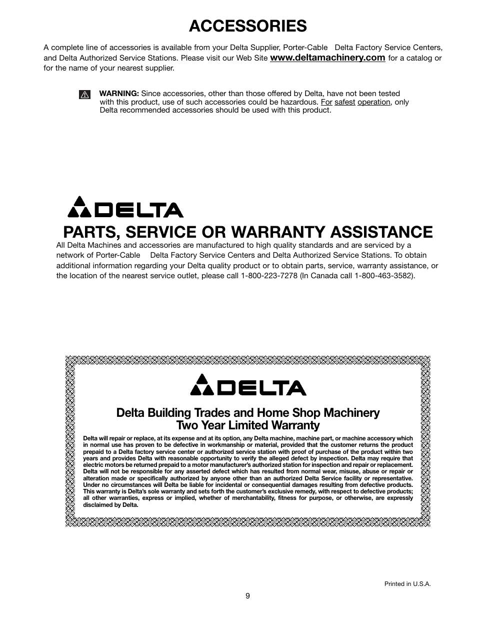 Parts, service or warranty assistance, Accessories | Delta 23-589 User Manual | Page 9 / 9