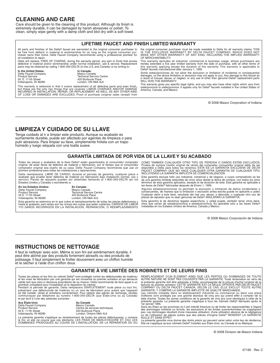 Cleaning and care, Instructions de nettoyage, Limpieza y cuidado de su llave | Lifetime faucet and finish limited warranty | Delta 198 Series User Manual | Page 2 / 8