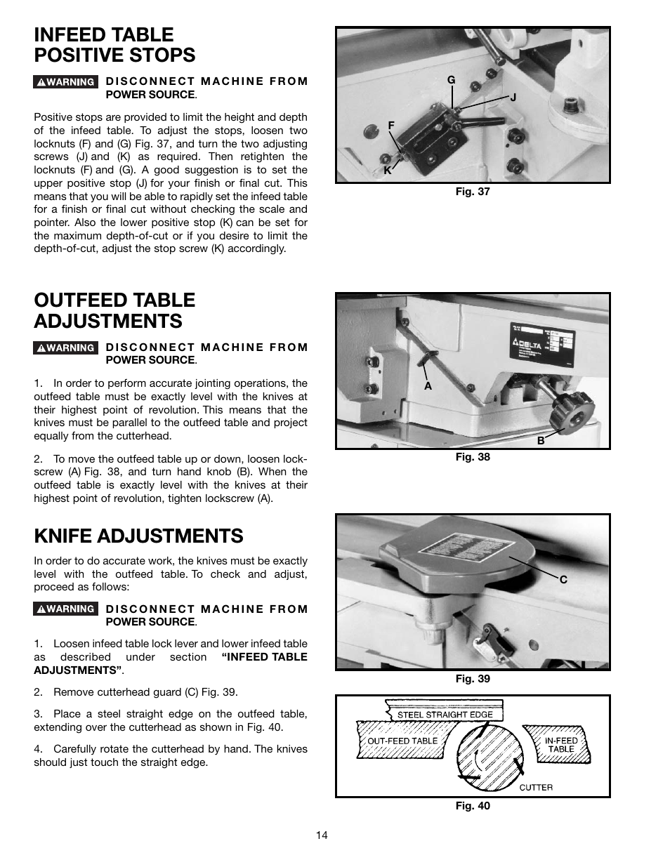 Infeed table positive stops, Outfeed table adjustments, Knife adjustments | Delta 37-195 User Manual | Page 14 / 24