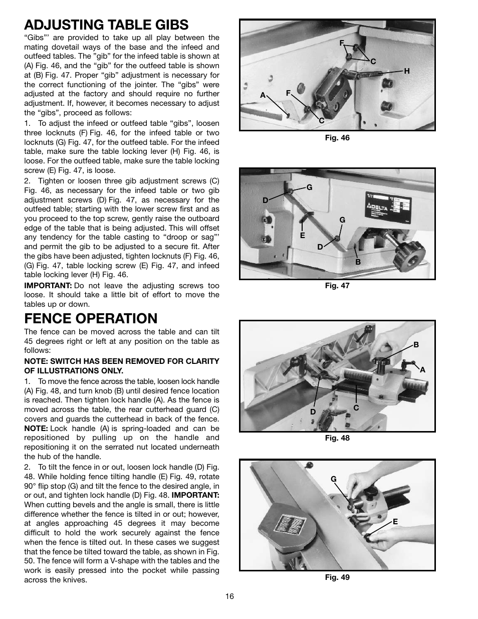 Adjusting table gibs, Fence operation | Delta 37-195 User Manual | Page 16 / 24