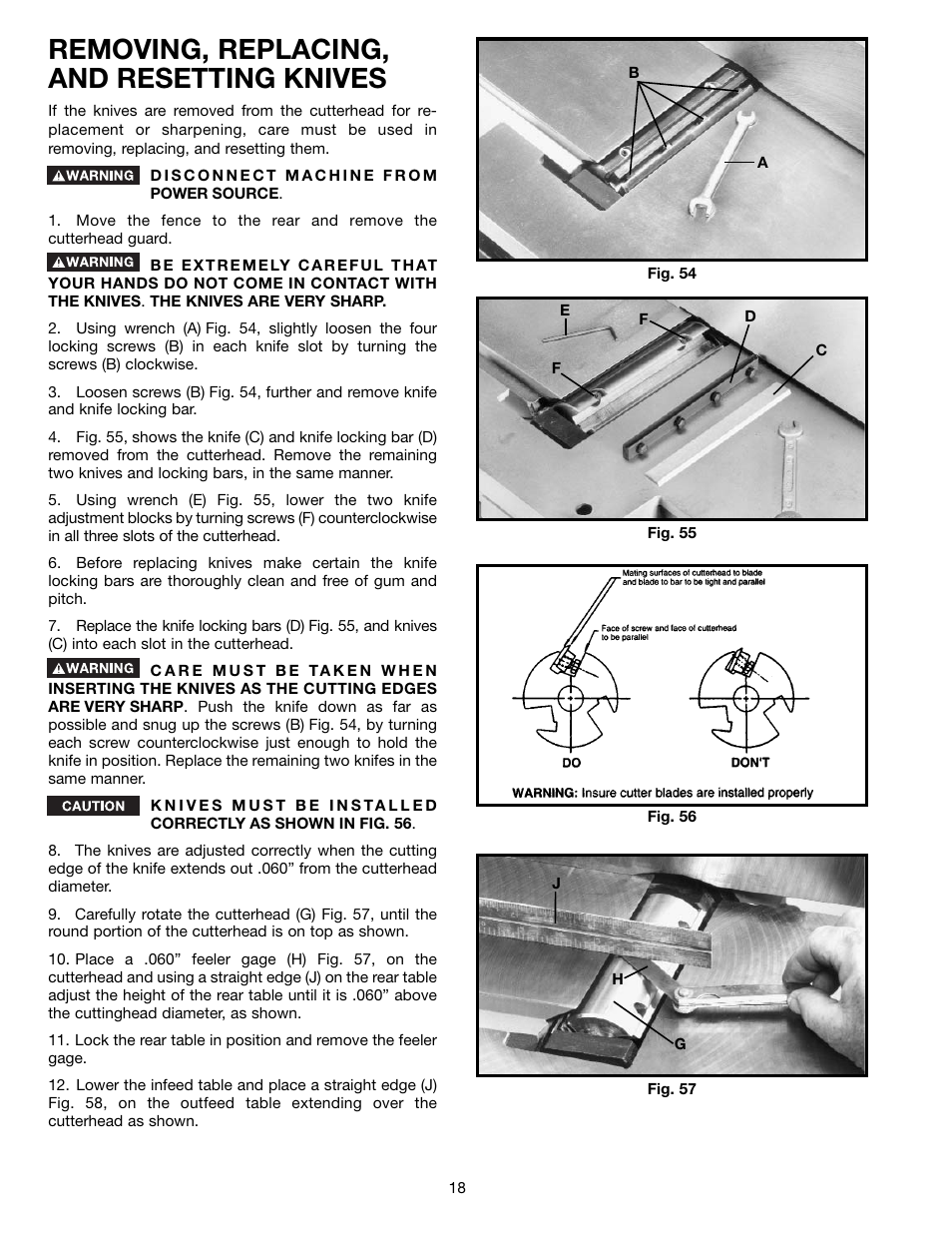 Removing, replacing, and resetting knives | Delta 37-195 User Manual | Page 18 / 24