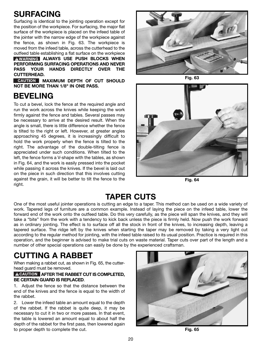 Surfacing, Taper cuts, Cutting a rabbet | Beveling | Delta 37-195 User Manual | Page 20 / 24