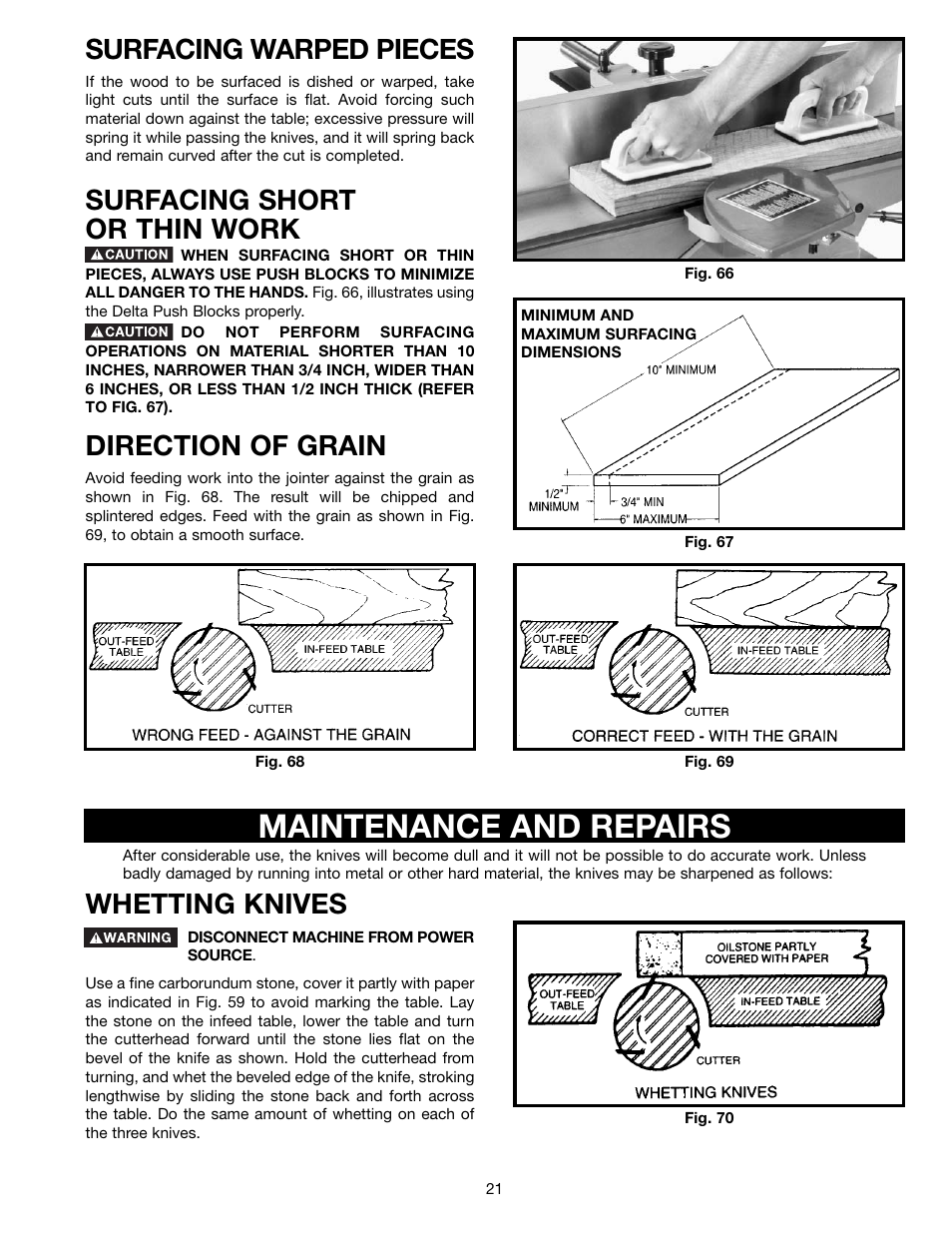 Maintenance and repairs, Whetting knives, Surfacing warped pieces | Surfacing short or thin work, Direction of grain | Delta 37-195 User Manual | Page 21 / 24