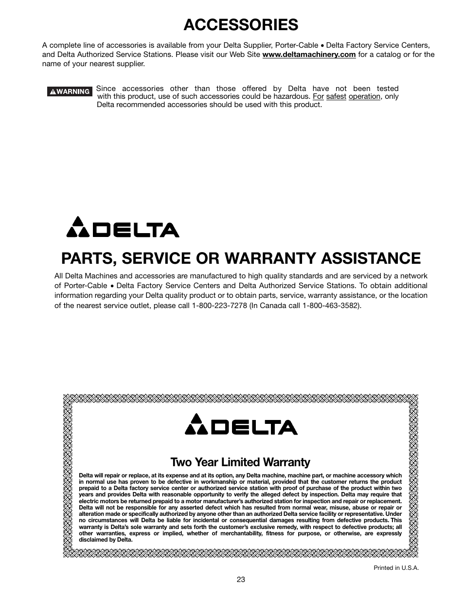 Parts, service or warranty assistance, Accessories, Two year limited warranty | Delta 37-195 User Manual | Page 23 / 24