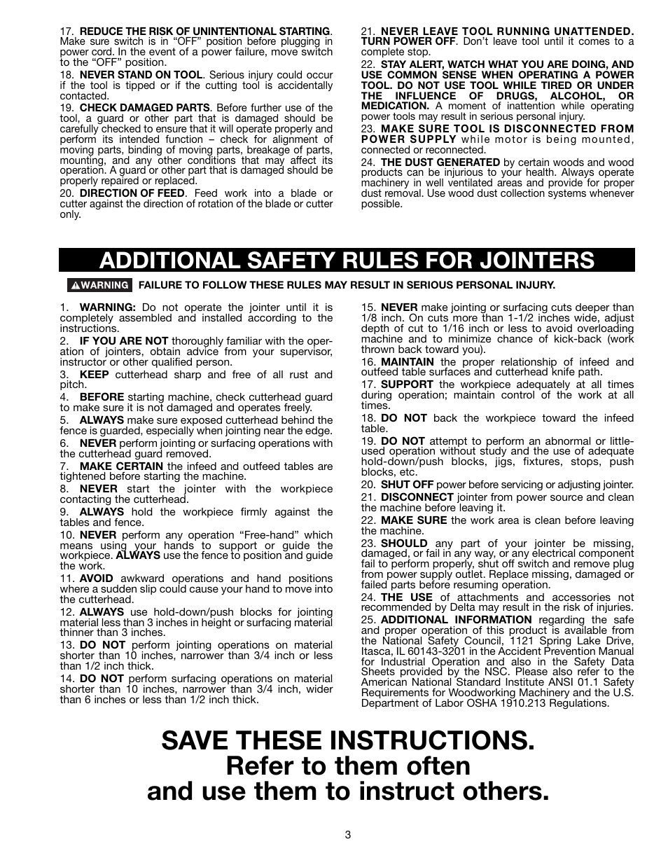 Additional safety rules for jointers | Delta 37-195 User Manual | Page 3 / 24