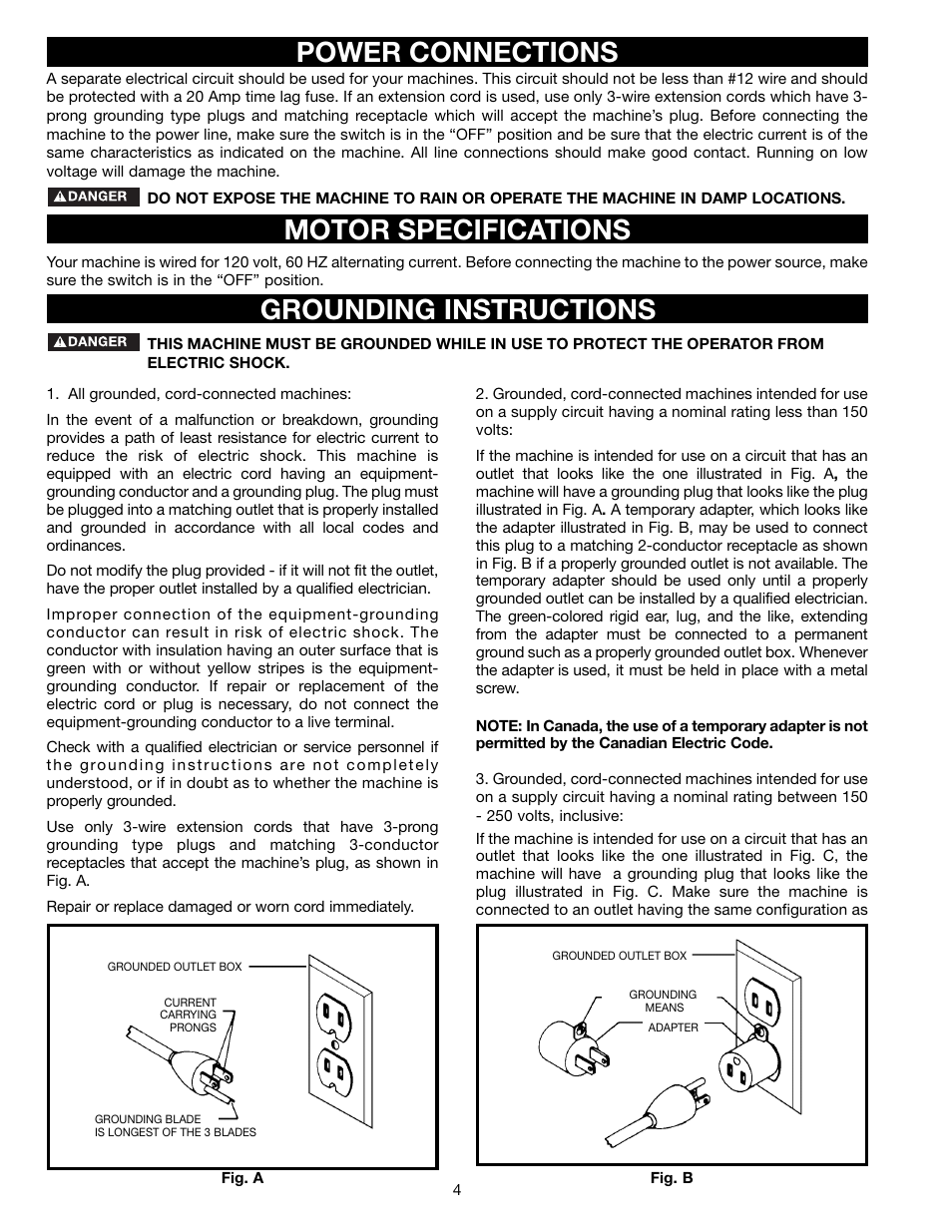 Motor specifications, Power connections grounding instructions | Delta 37-195 User Manual | Page 4 / 24