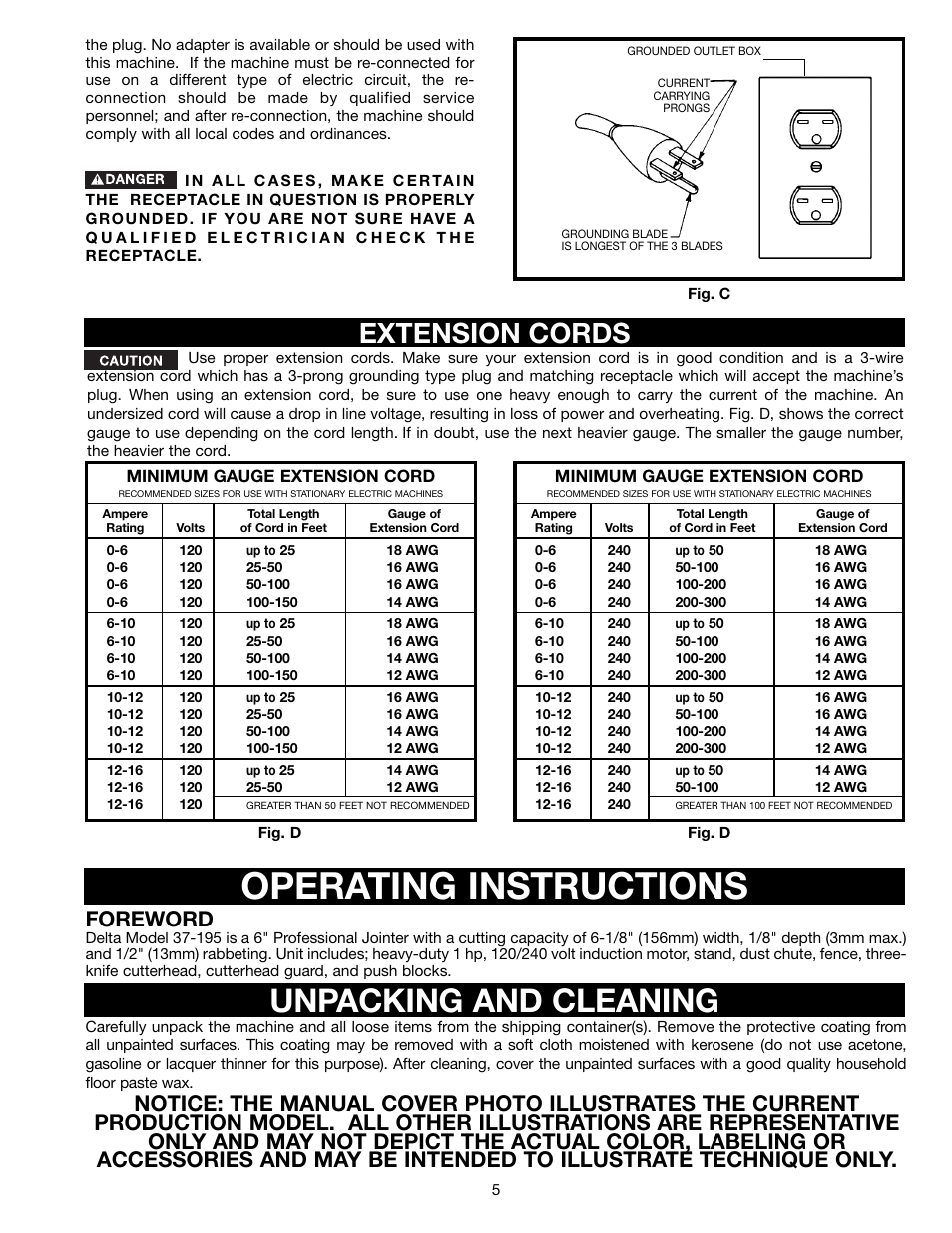 Operating instructions, Unpacking and cleaning, Extension cords | Foreword | Delta 37-195 User Manual | Page 5 / 24