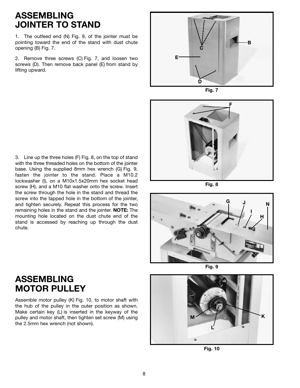 Assembling jointer to stand, Assembling motor pulley | Delta 37-195 User Manual | Page 8 / 24