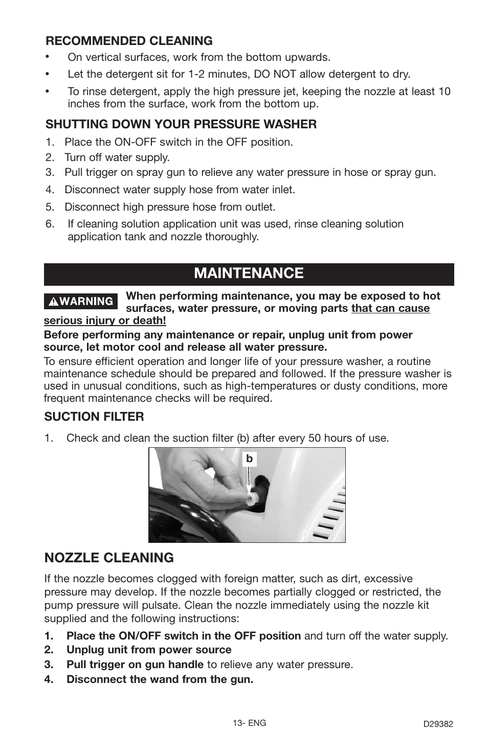 Maintenance, Nozzle cleaning, Suction filter | Recommended cleaning, Shutting down your pressure washer | Delta D29382 User Manual | Page 13 / 18