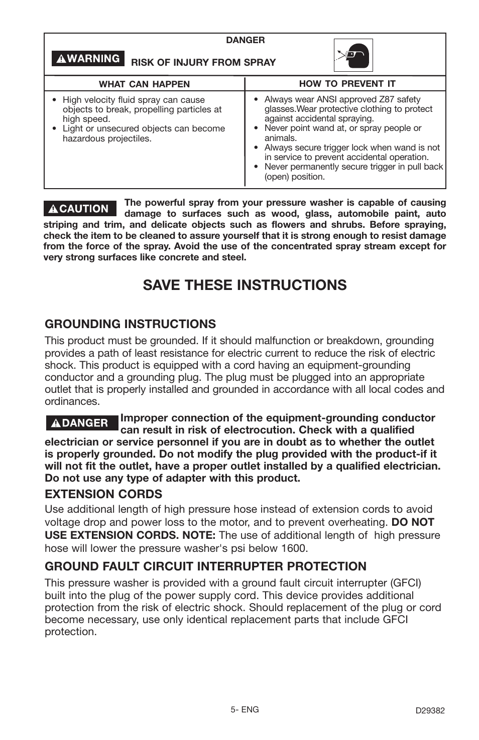 Save these instructions, Grounding instructions, Extension cords | Ground fault circuit interrupter protection | Delta D29382 User Manual | Page 5 / 18