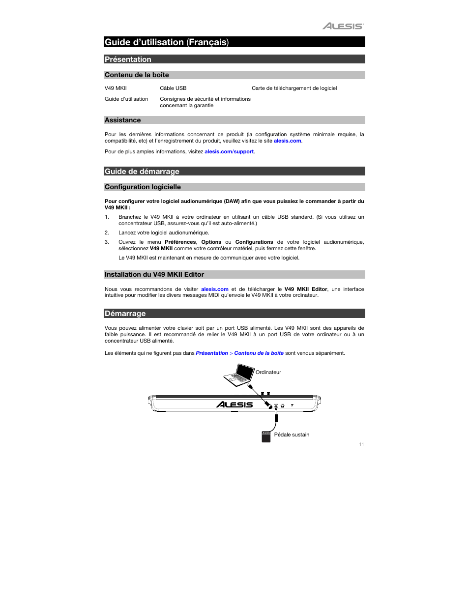 Guide d’utilisation (français), Présentation, Contenu de la boîte | Assistance, Guide de démarrage, Configuration logicielle, Installation du v49 mkii editor, Démarrage, Guide d’utilisation ( français ) | ALESIS V49 MKII 49-Key USB MIDI Keyboard Controller User Manual | Page 11 / 24