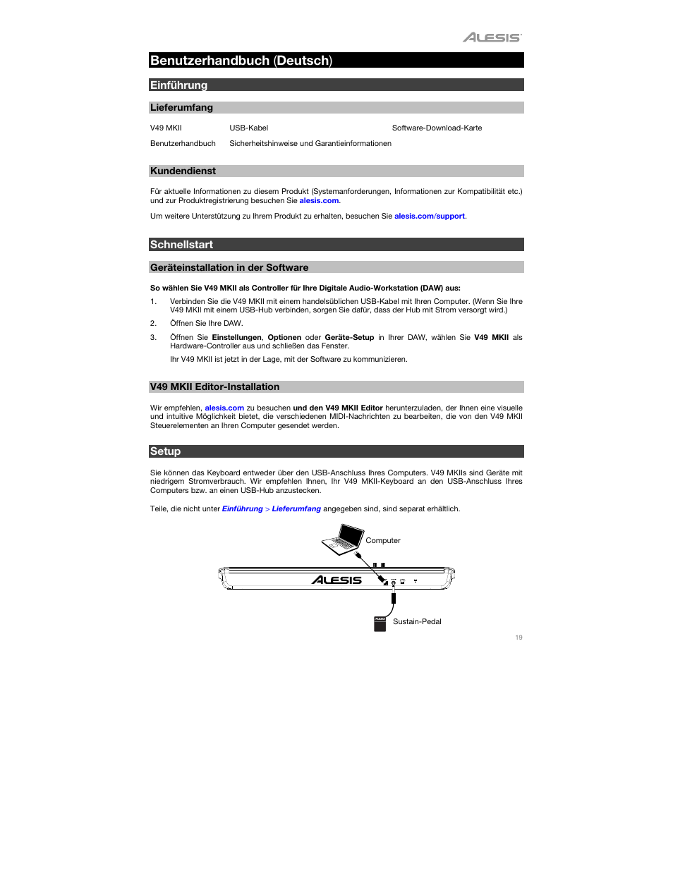 Benutzerhandbuch (deutsch), Einführung, Lieferumfang | Kundendienst, Schnellstart, Geräteinstallation in der software, V49 mkii editor-installation, Setup, Benutzerhandbuch ( deutsch ) | ALESIS V49 MKII 49-Key USB MIDI Keyboard Controller User Manual | Page 19 / 24