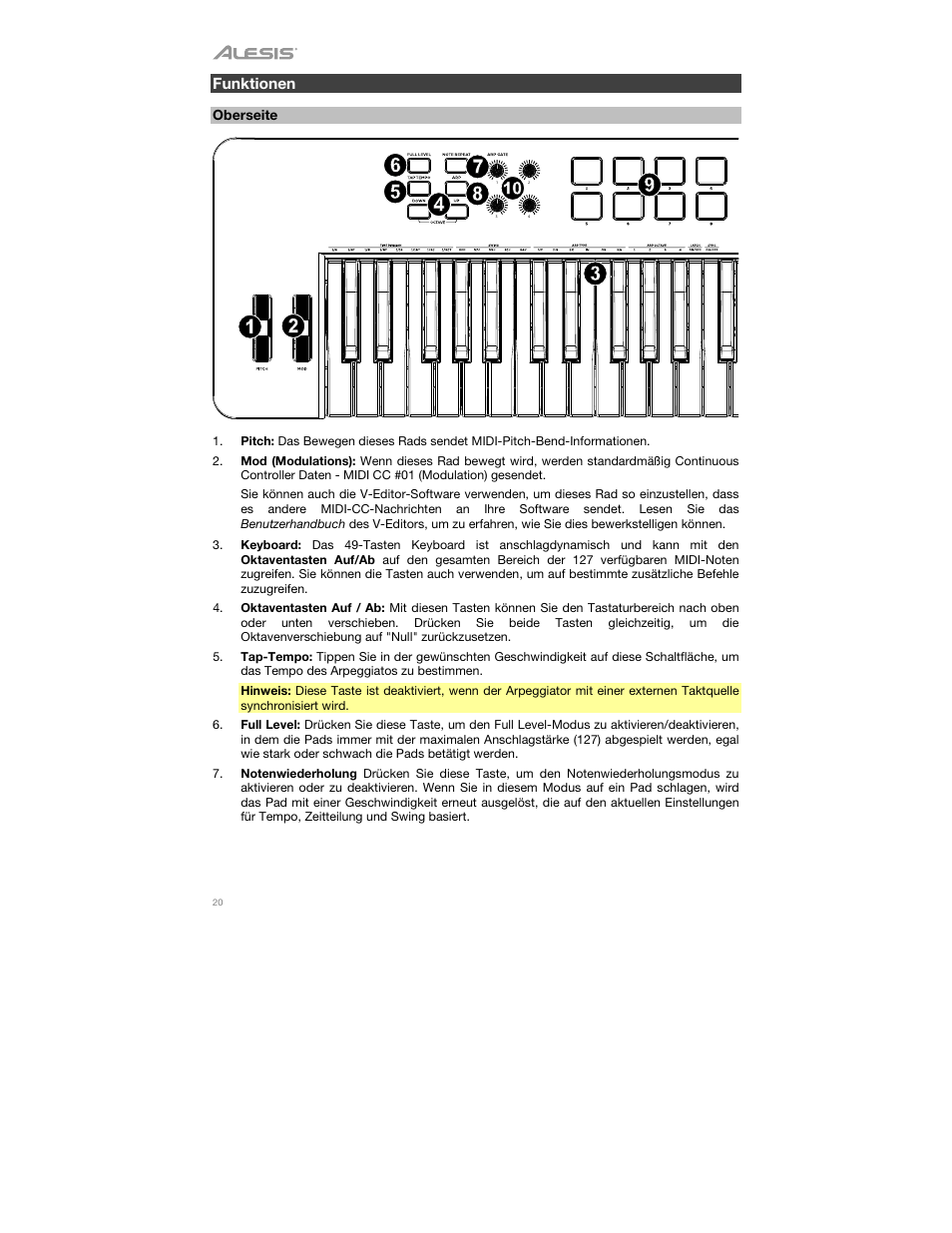 Funktionen, Oberseite | ALESIS V49 MKII 49-Key USB MIDI Keyboard Controller User Manual | Page 20 / 24