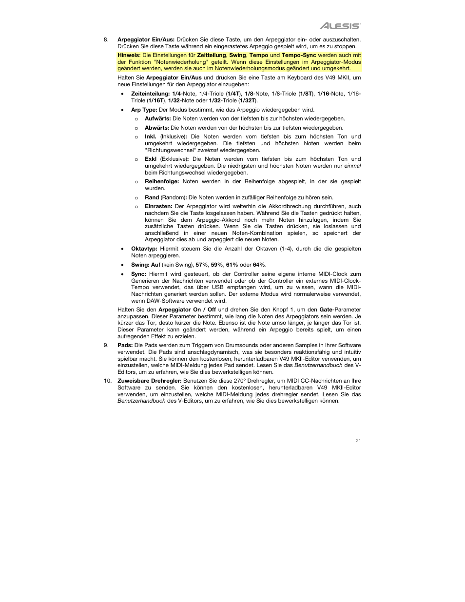 ALESIS V49 MKII 49-Key USB MIDI Keyboard Controller User Manual | Page 21 / 24
